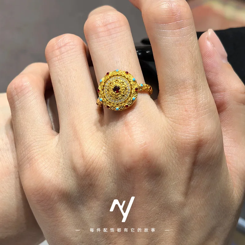 Light luxury 9999 24K real gold palace style rotatable treasure phase flower live ring pure gold hand jewelry