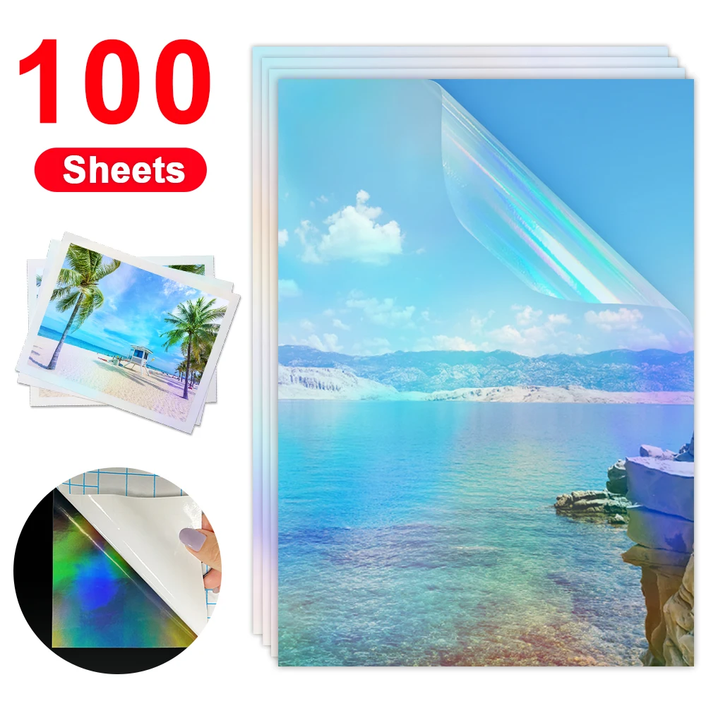 100 Sheets A4 Paper Cold Laminating Film Transparent Holographic Stars Dots Sticker Film DIY Self-adhesive Photo Laminating Film