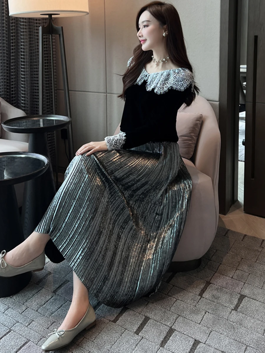 

Ele Gold And Silver Foil Embellied Women's Knee-Length A-Line Skirt High Waist Polyester Fabric Versatile Slimming Midi...