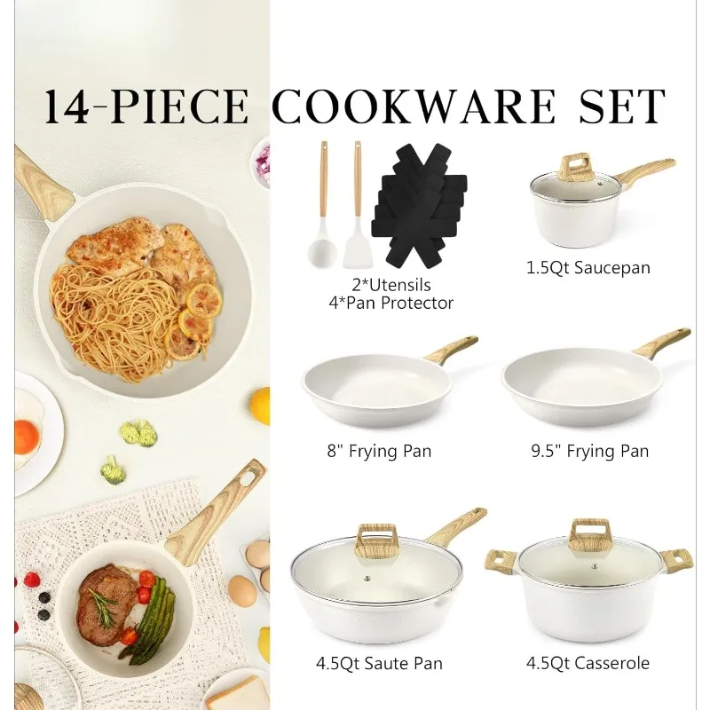 Pots and Pans Set Non Stick - 14 Pcs White Granite Kitchen Cookware Sets Nonstick Induction Cookware Cooking Pan Set with F image 2