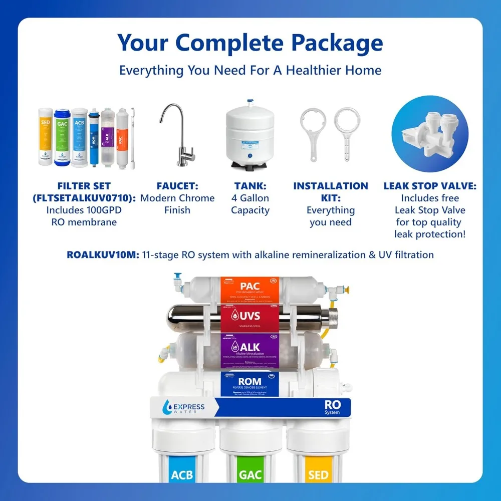 نظام تنقية المياه بالتناضح العكسي بالأشعة فوق البنفسجية 11 مرحلة، مع صنبور وخزان، فلتر مياه تحت المغسلة مع فلتر قلوي، جودة