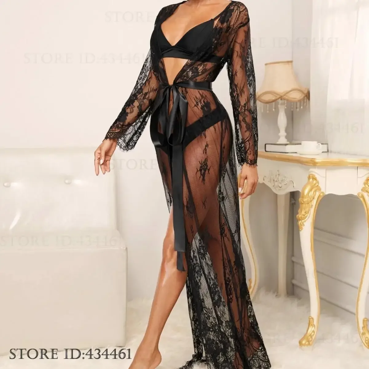 

Sexy Black Perspective Mesh Long Robe Kimono Gown Bathrobe Fashion Lady Home Dressing Gown Nightgown Loose Sleepwear Lingerie