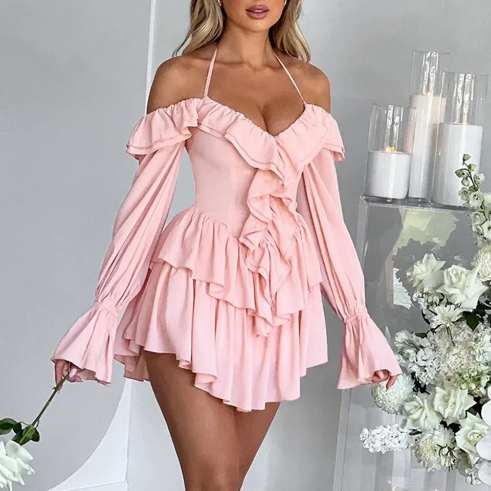 فستان مكشكش مثير مكشوف الأكتاف من Peplum فستان قصير غير رسمي بأكمام منتفخة وبذلة رسن ذات قصة منخفضة بلون سادة فساتين نسائية أنيقة #2