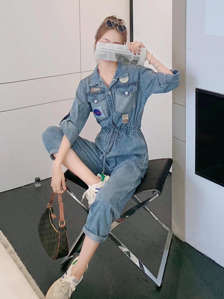 

Faionable Anti-Aging Denim Overalls Women's Spring Summer Thin High Waist Nine Points Pants Korean Sle Commute Wind