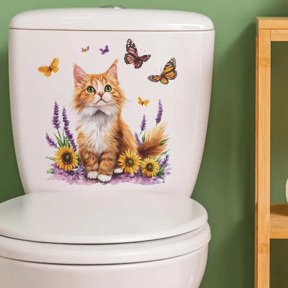 Cartoon Cat Flower Butterfly Wall Stickers Bathroom Toilet Decoration Mural Living Room Cabinet Home Decor Self-adhesive Decals