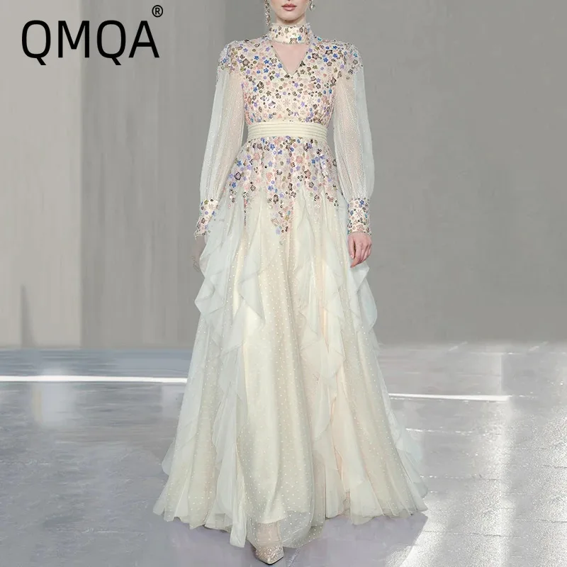 

QMQA Fashion Women's Evening Dress V-neck Sequins Beads Spliced High Waist Elegant Banquet Dresses 2025 Spring Clothing QM291