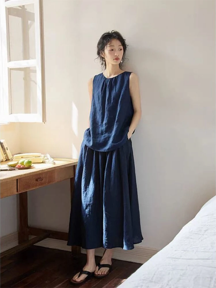 

Однотонный повседневный простой комплект из двух предметов: женский летний модный топ без рукавов с круглым вырезом + брюки с высокой талией и широкими штанинами.