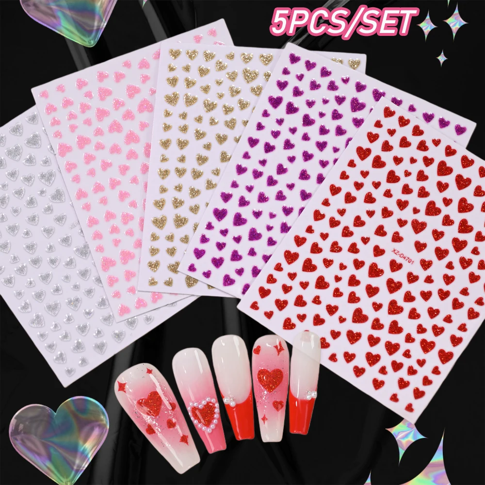 5pcs/set 3D Bling Love Heart Nail Stickers with Glitter shine Multi Size Love Heart Pattern Self-adhesive Nail Decals Decoration