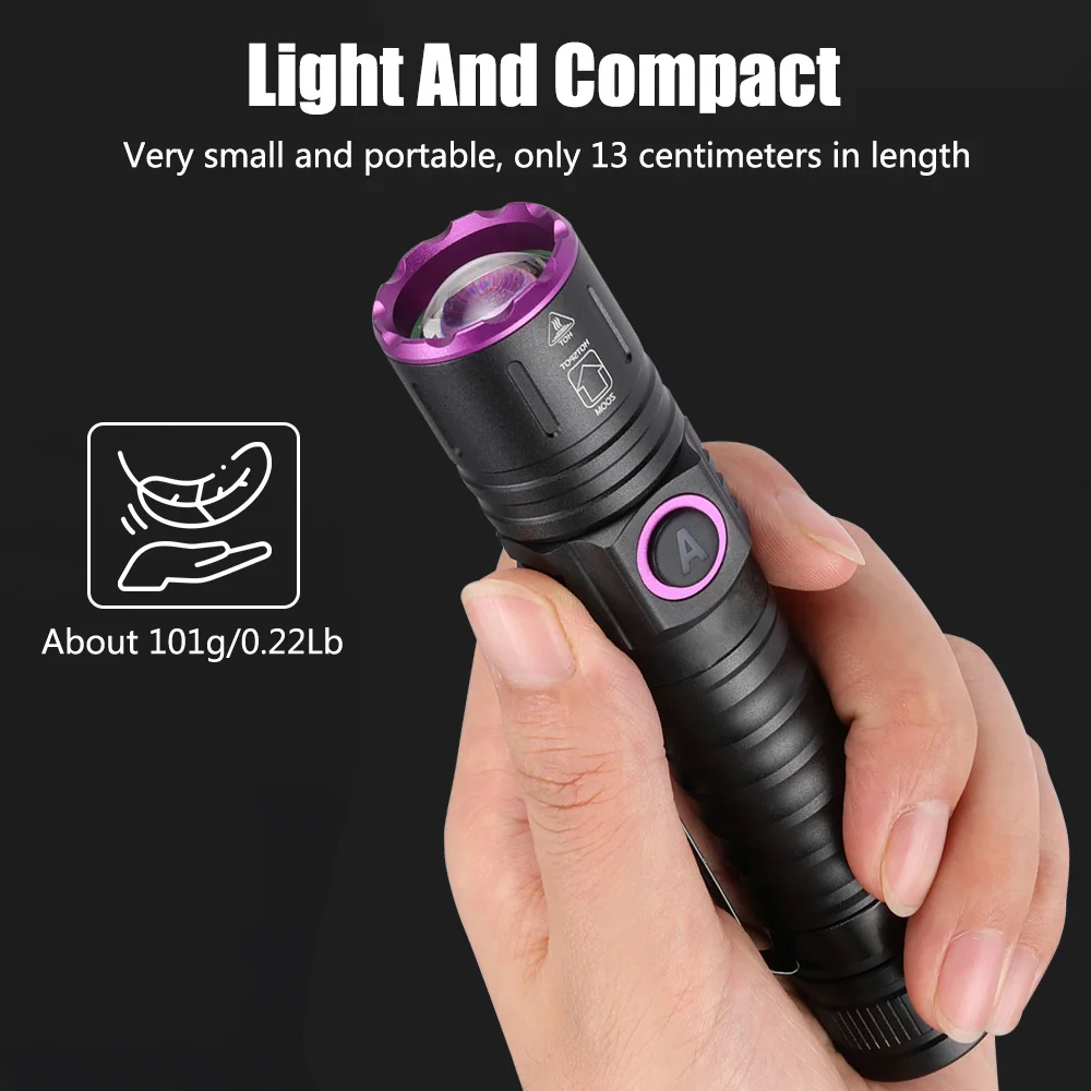 365nm/395nm UV Flashlight Zoomable 5W Type-C USB Rechargeable Ultraviolet Violet Light Torch Pet Cat Dog Stains Urine Detector