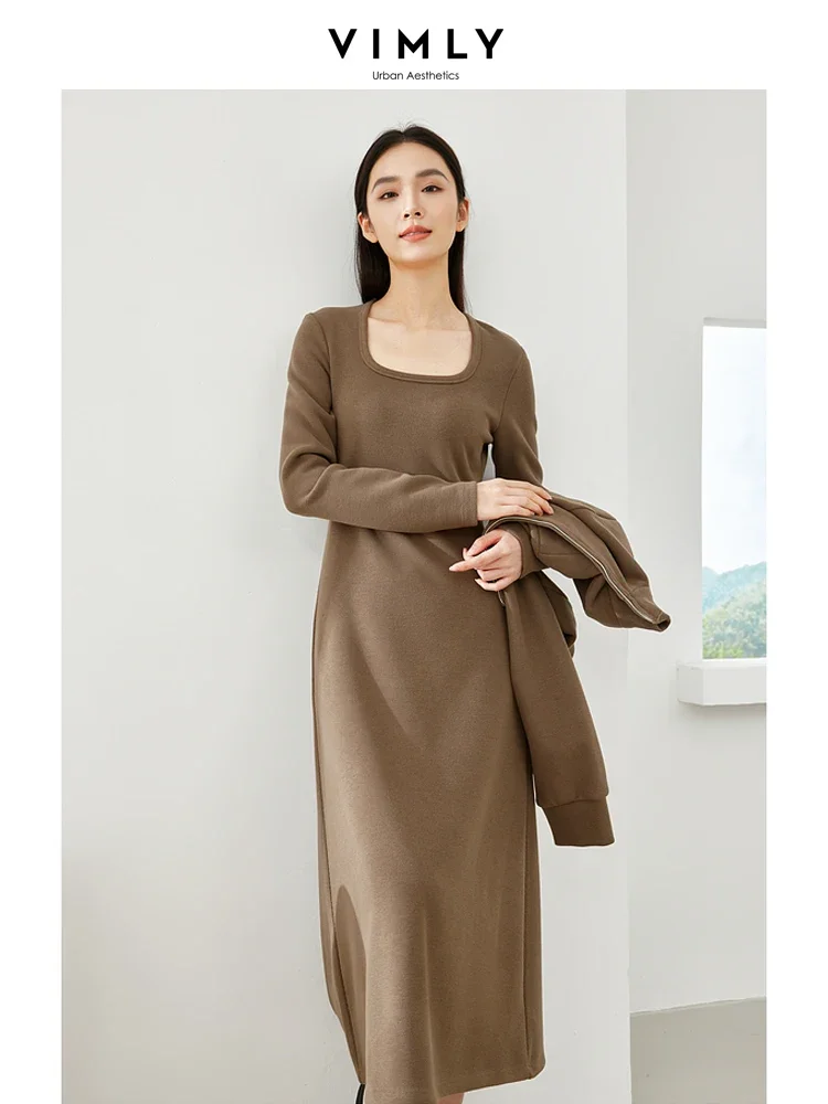 Vimly Casual Thick Sets for Women 2 Pieces Cropped Jacket Square Collar Midi Dress 2023 Winter Chic and Elegant Woman Set M5650