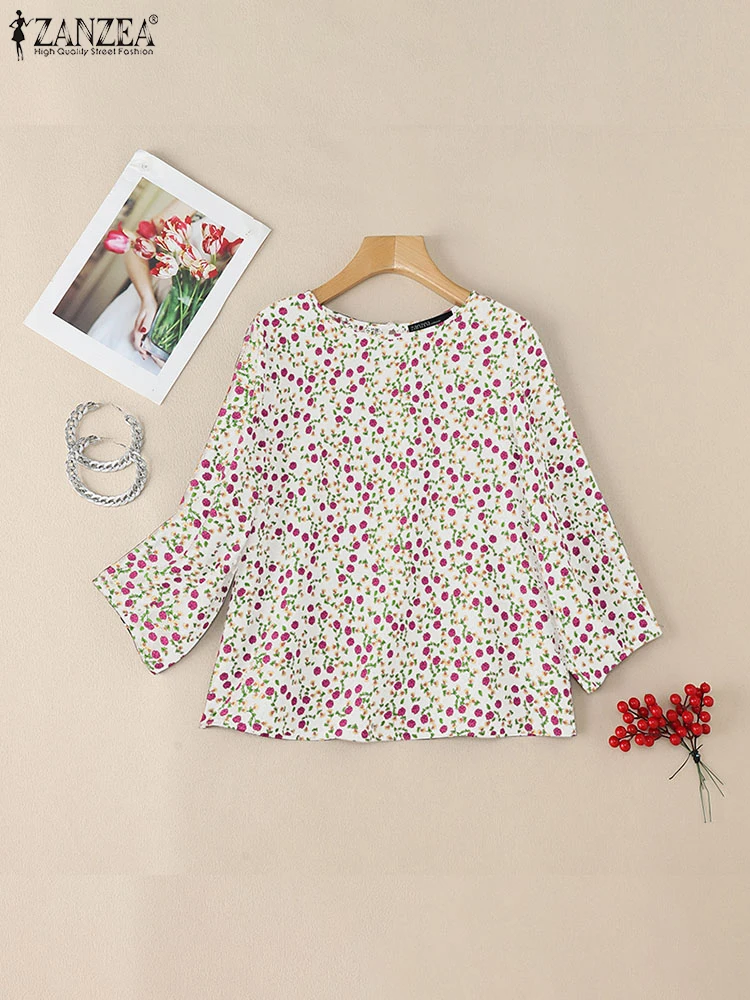 

ZANZEA, туника с рукавами-фонариками 3/4, элегантные свободные топы с круглым вырезом, лето 2021, Blusas Mujer, женские повседневные праздничные блузки