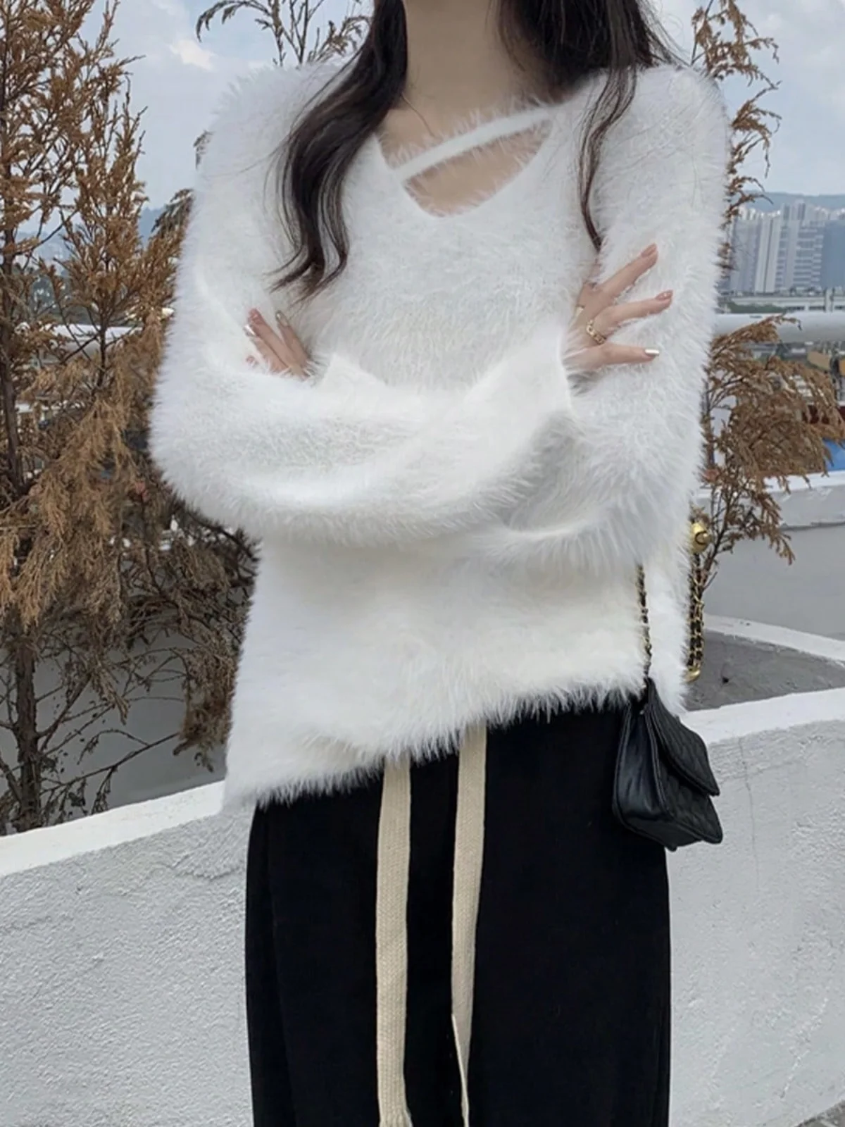 

Chic Spring Autumn Loose V-Ne Knitted Sweater Women's Faion Lazy Sle Water Rabbit Fur Simulation Long Sve Top