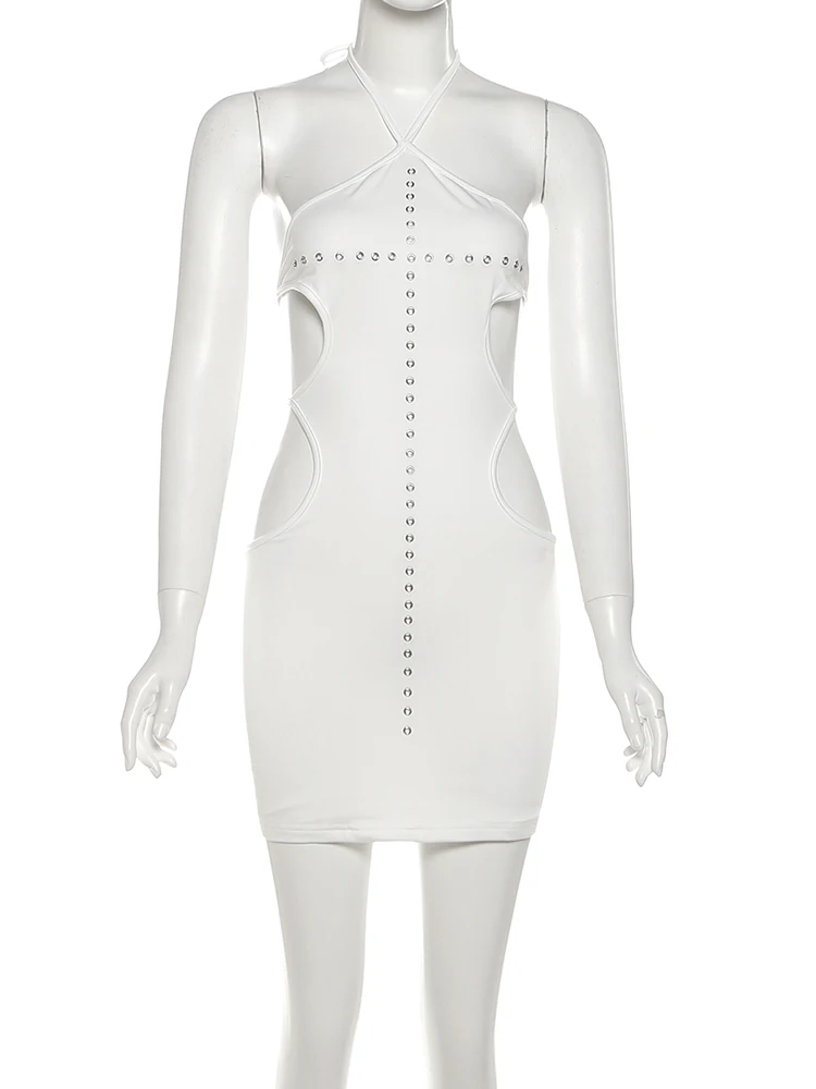 이상한 푸시 섹시한 홀터넥 허리 없는 미니 드레스 여성 백리스 속이 비치는 핫티 솔리드 음악 축제 스트리트 미드나잇 클럽웨어 바디콘