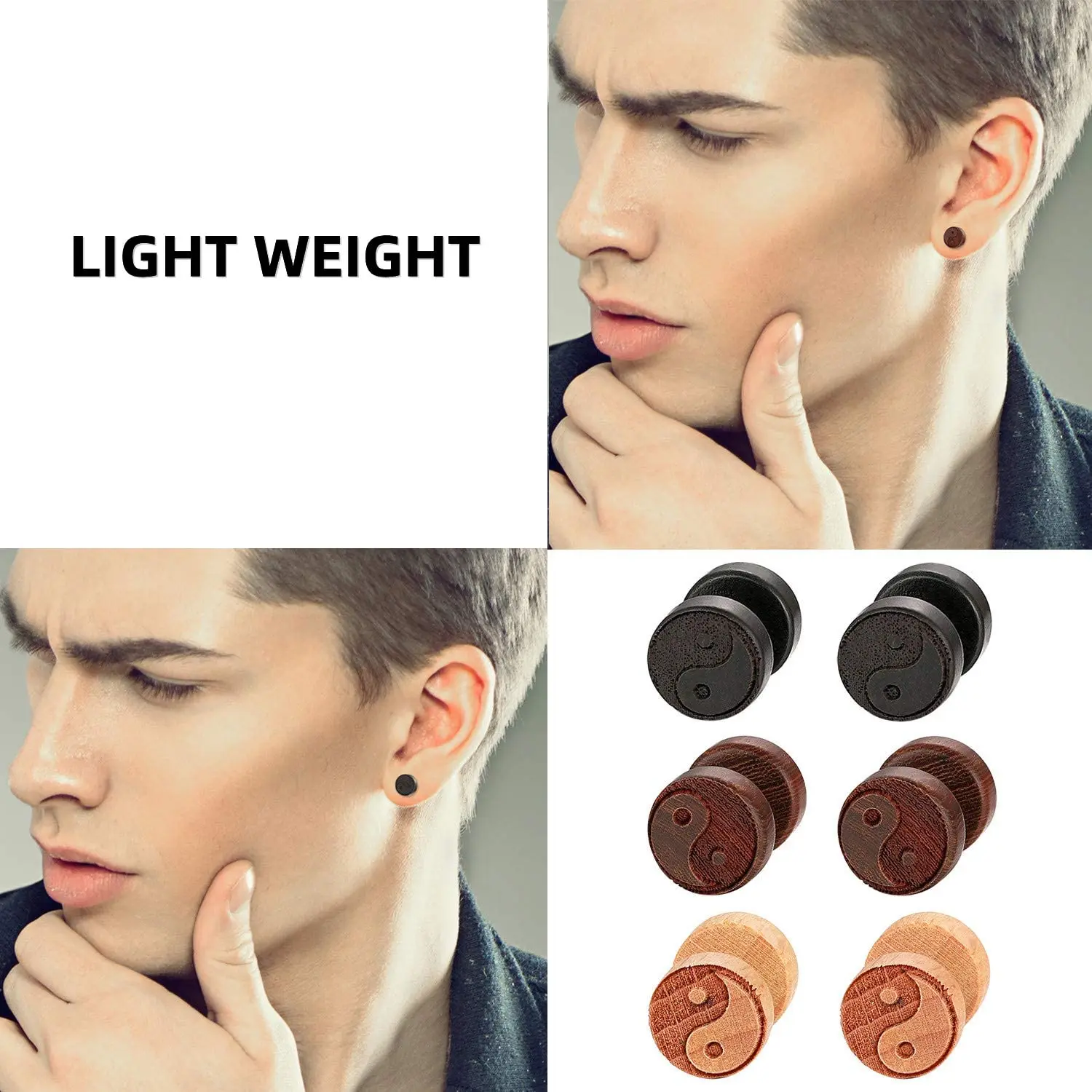 2PCS Vintage Women\'s Men\'s Wood Pierced Stainless Steel Yin Yang Fake Gauges Tunnel Round Screw Stud Earrings 10mm