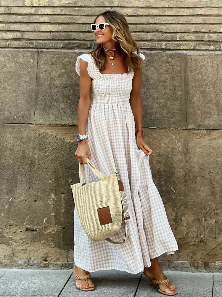 

Sexy Bandage Ruffles Split Dress Bohemian oho Print Spaghetti Strap Long Dresses 2023 Summer Women Maxi Dress Vacation A1564