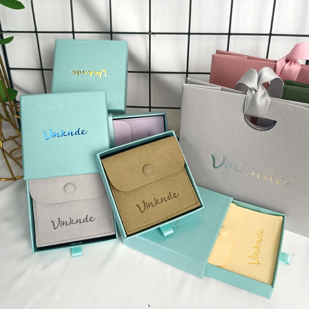 

Custom Logo Jewelry Kraft Drawer Box Rings Earrings Pendant Bracelet Packaging Gift Organizer Boxes With Microfiber Button Bag