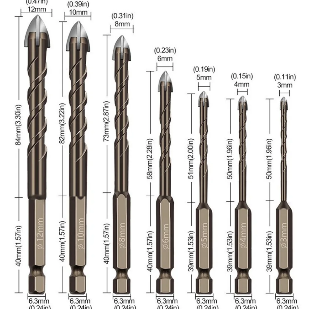 3-12mm Spiral Fluted Cross Drill Bits Hex Shank Spiral Groove for Concrete Ceramic Glass Ceramic Tiles Metal Tools Accessories