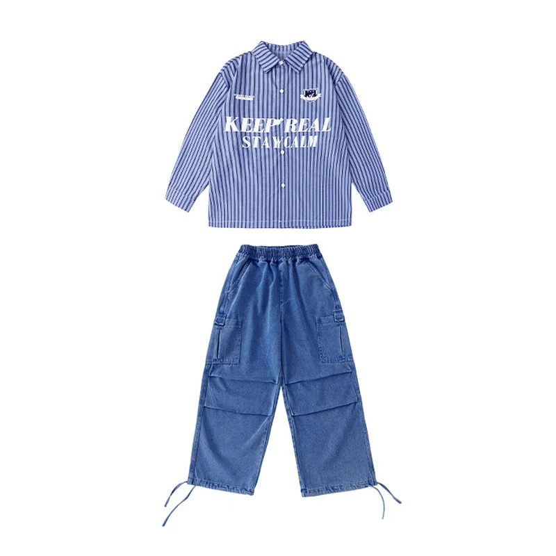 Kid Hip Hop Clothing Blue Striped Shirt Top Casual Pleated Denim Jeans Baggy Pants for Girl Boy Jazz Dance Wear Costumes Clothes