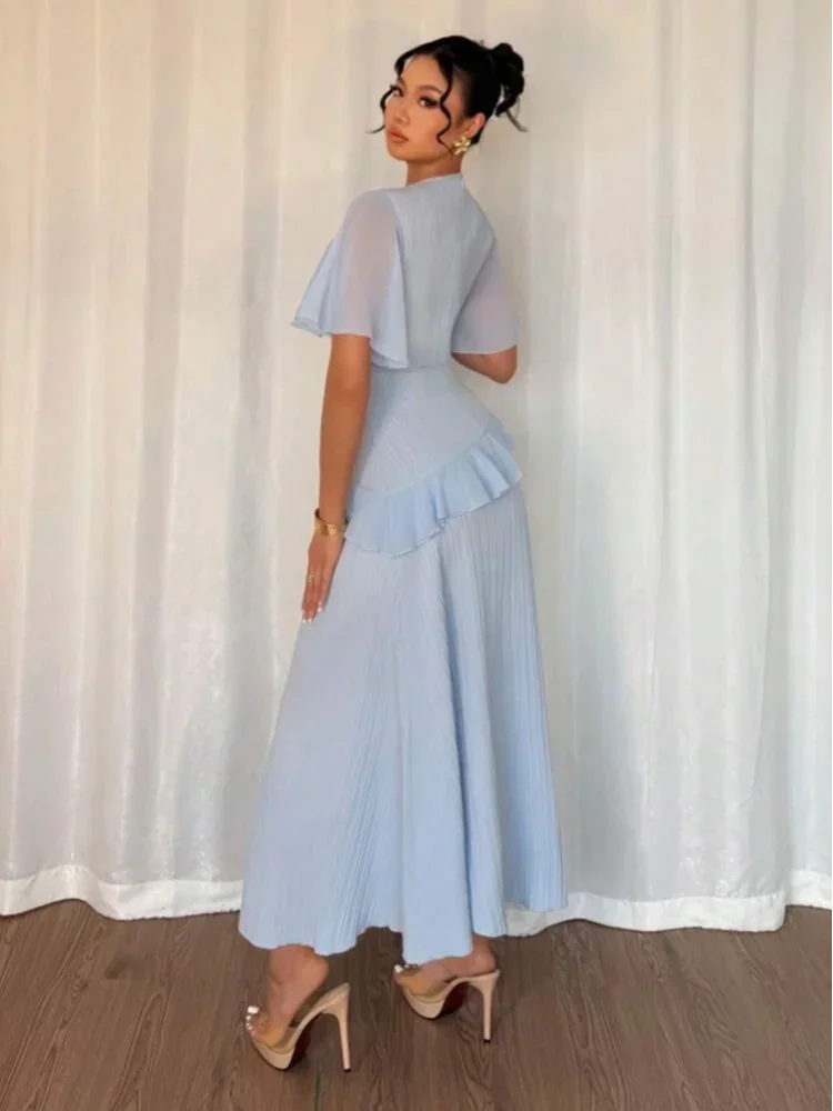 Sólido plissado plissado guarnição maxi vestido feminino em torno do pescoço manga flutter bodycon hem cabido vestidos elegante jantar senhora vestido