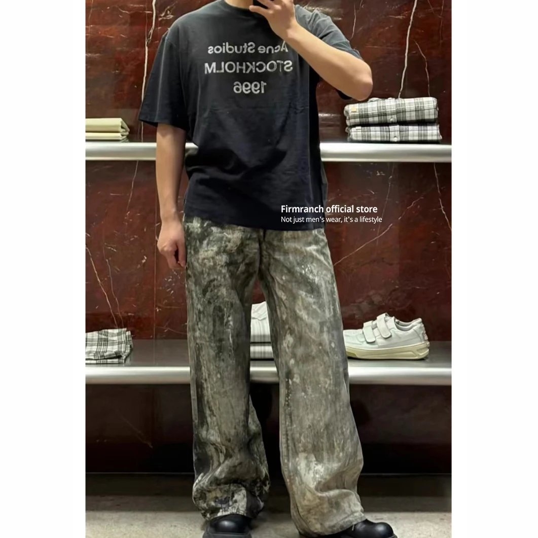 

Firmranch Spring Autumn 2024 Vintage 1981 AC style Jeans For Men Splash Ink Mineral Color Dyed Printed Wide-leg Denim Pants