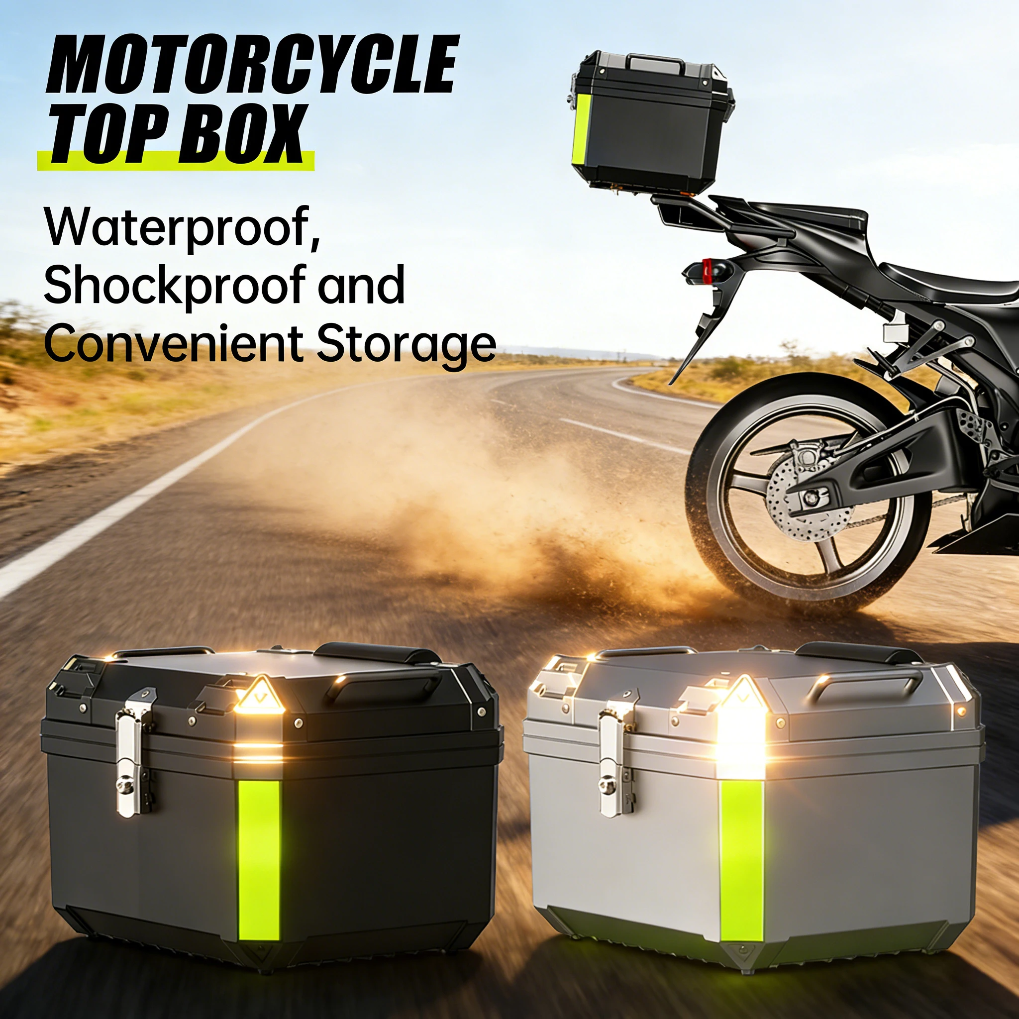 

45L motorcycle top box, lockable, can store luggage and helmets, rear travel case, reflective design, waterproof storage.