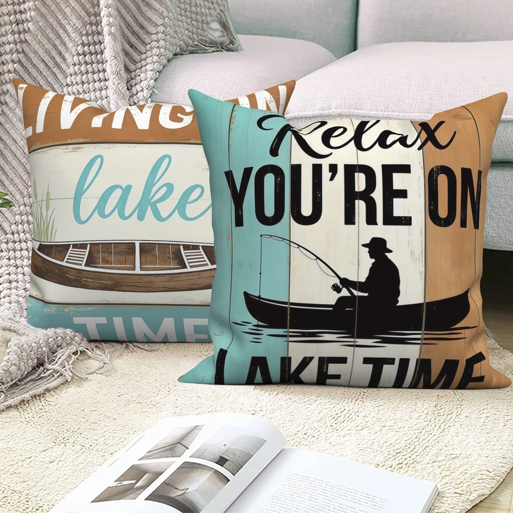 4Pcs/Set Lake House Pillow Covers, Rustic Cabin Life Is Better At The Lake Cushion Cases, Polyester/Linen,Summer Farmhouse Decor