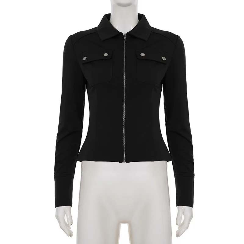 سترة نسائية موديل 2025 ببرشام Y2K باللون الأسود مع جيوب معاطف بأكمام طويلة وتصميم مقصوص ملابس عصرية 90s