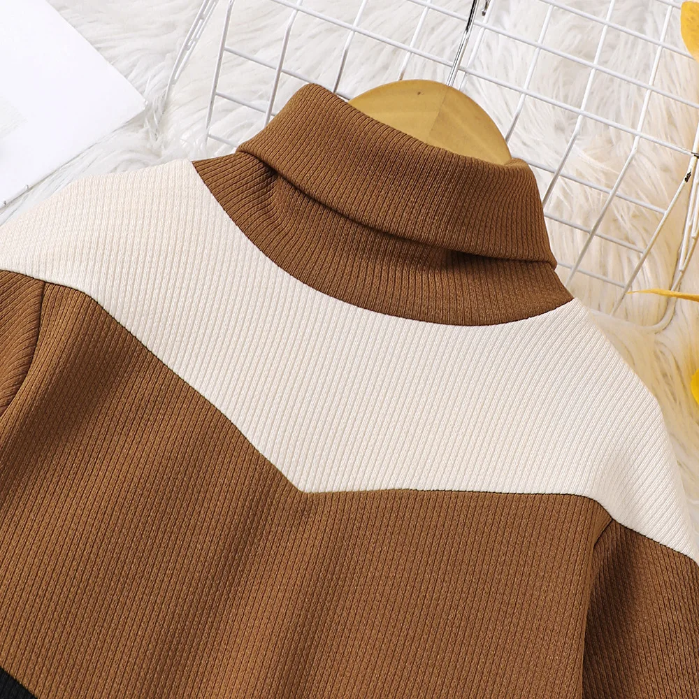 Children's Spring and Autumn Fashion Leisure 1 Piece Girls' Color Blocked Knitted High Necked Dress Comfortable At Home