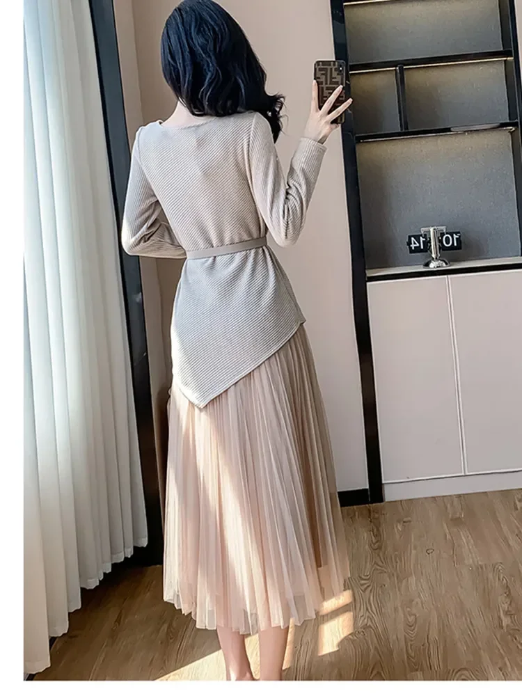 New High Quality Women\'s Two Pieces Set Elegant Knitted Long Sleeve Sweater Tops with Belt + Mesh Long Skirt Sets Sweet Suits