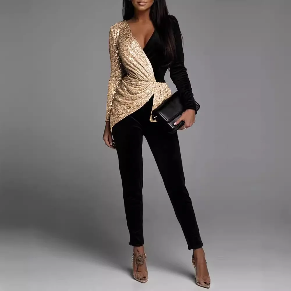 

2025 New Cross-Border High Waist iny Sequin Jumpsuit Bla Gold Dual-Tone Ele Commute Faionable Ladies' Suit