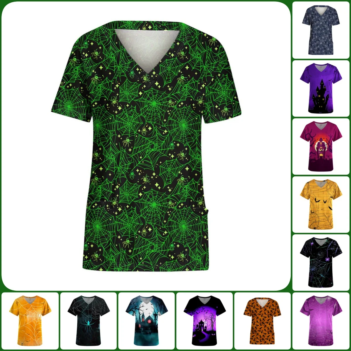 Nurse Uniform for Women Halloween Spider Web Print Medico Tops Haunted House Pattern V-Neck Short Sleeve Tees Clinical Uniform