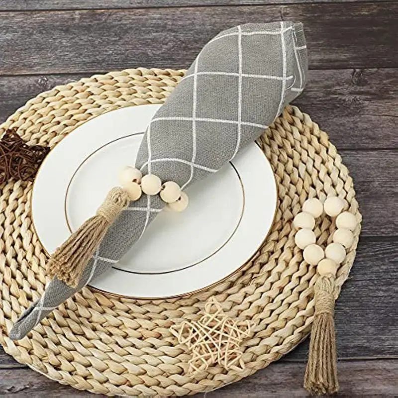 Wood Bead Napkin Rings Napkin Holders With Tassels Hand-Woven Boho Buckles For Christmas Farmhouse Wedding Home Table Decoration