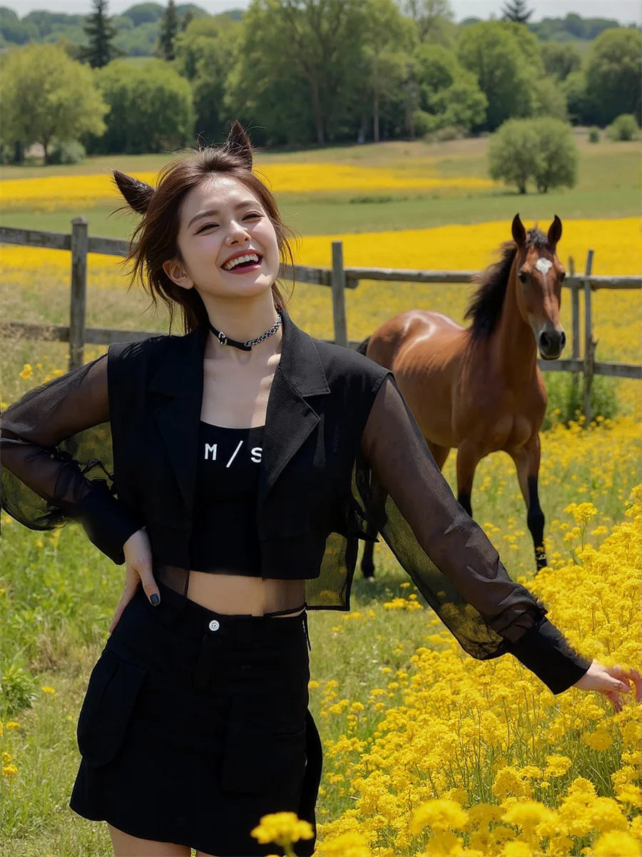 

Sun-proof Cropped See-through Back-Slit Blazers Elegant Woman Clothes For Women Garment Tender Wrinkle Colorful Off-The-Shoulder