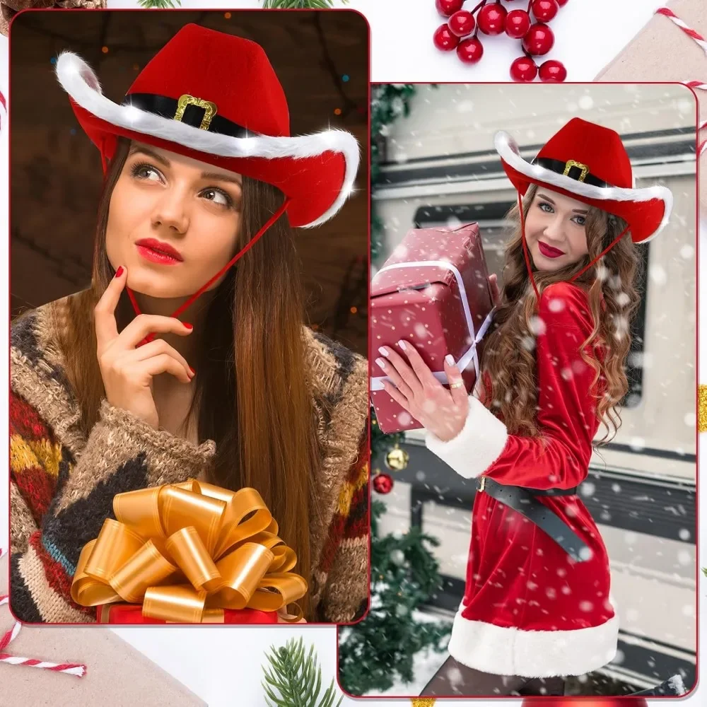 Christmas Cowboy Hats for Santa Claus - LED Light Up Cowgirl Hats in Bulk for Xmas Party Western Costume Accessories