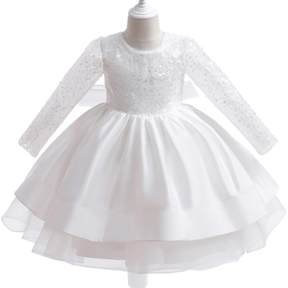 Formal Long Sleeve Lace Sequins Wedding Princess Dress Host Birthday Evening Bow Kids Dress for Girl Bridesmaid Children Clothes