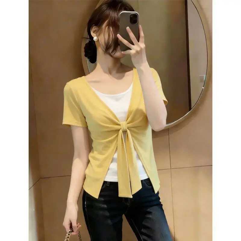 Two-piece Bandage Contrast Patchwork Elegant Tops Women Clothing New Short Sleeve All-match Office T Shirts Fashion Korean