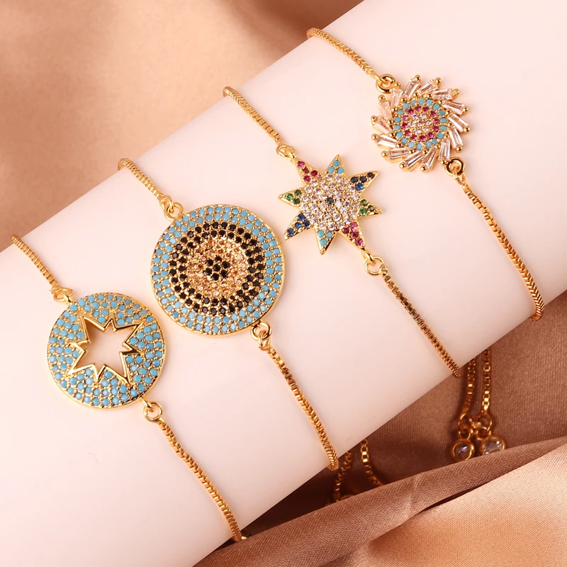 Sparkling Adjustable Rainbow Zircon Bracelets For Women New Gold Plated Evil Eye Bracelet Wedding Jewelry Birthday Gift
