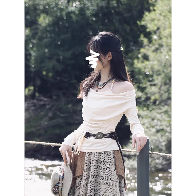 الخريف الشتاء خمر المرقعة منقوشة تنورة المرأة عالية الخصر ألف خط ماكسي تنورة غير النظامية بوهو الأدبية الدانتيل المشارب تنورة طويلة