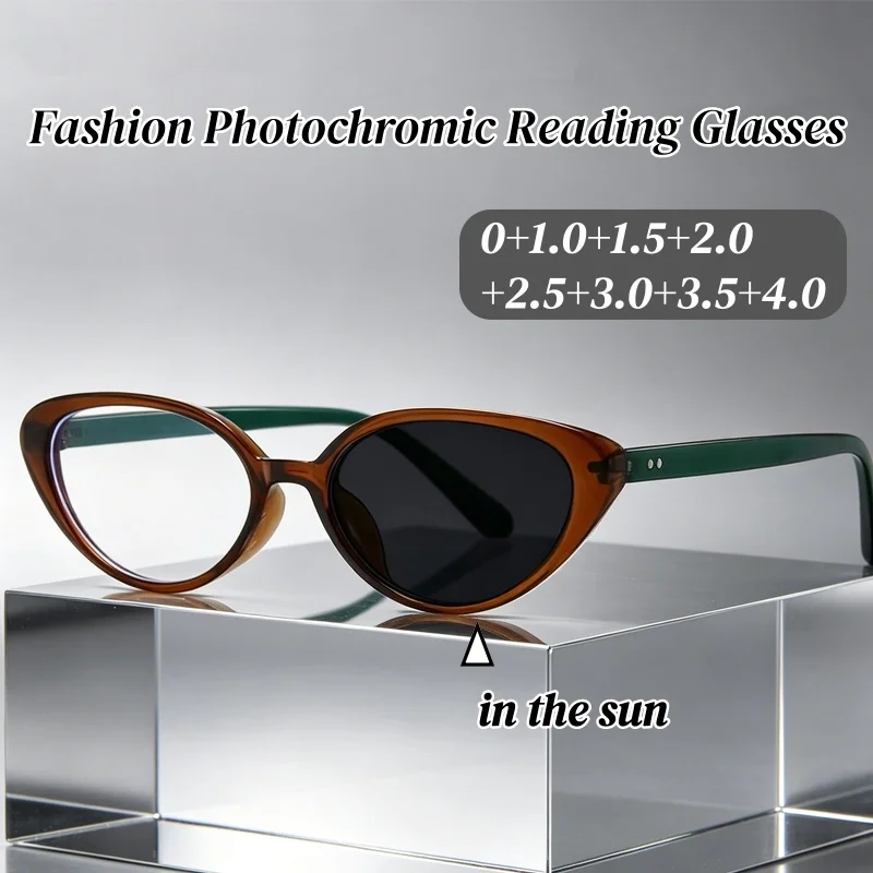 Stilvolle Damen Photochrome Lesebrille Kleiner Katzenaugen-Rahmen Presbyopie-Brille Herren Modische Retro Weitsichtbrille