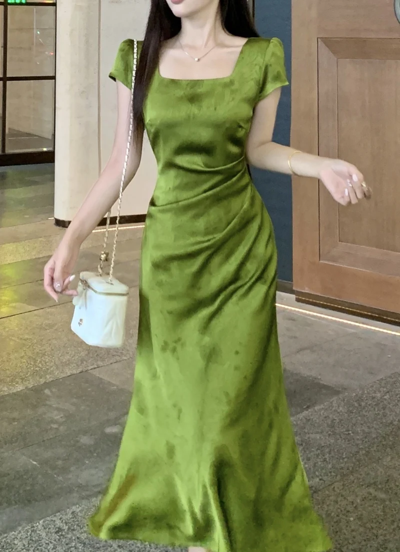 

Elegant Vintage jacquard satin short sleeve Chic print fairycore Slim Evening Long dress High Street Plus Size Clothing