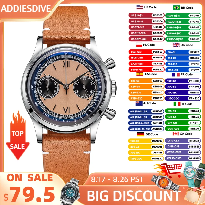 ADDIESDIVE Herrenuhren Quarz-Armbanduhr Sport wasserdicht 100 m Chronograph AR-Beschichtung VK64-Uhrwerk Retro-Lederuhr Neu