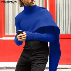 2023 Men Irregular Pullovers Solid Knitted Turtleneck Long Sleeve Sweaters Streetwear Autumn Casual Men Clothing S-5XL INCERUN