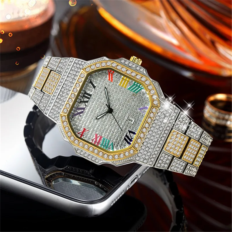 Men Big Brand Watches Fashion Casual Alloy Band Hip Hop Full Diamond Luxury Golden Date Quartz Watch Montres de Marque de Luxe