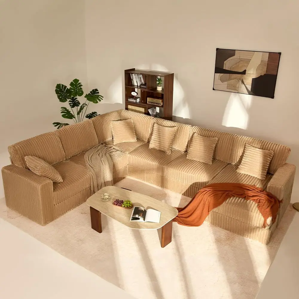 

139 U-Shaped 7-Seater Couch, Oversized Queen Sofa with Corduroy, Deep Seating, Spring Cushions for Living Room, Camel Color, Rig