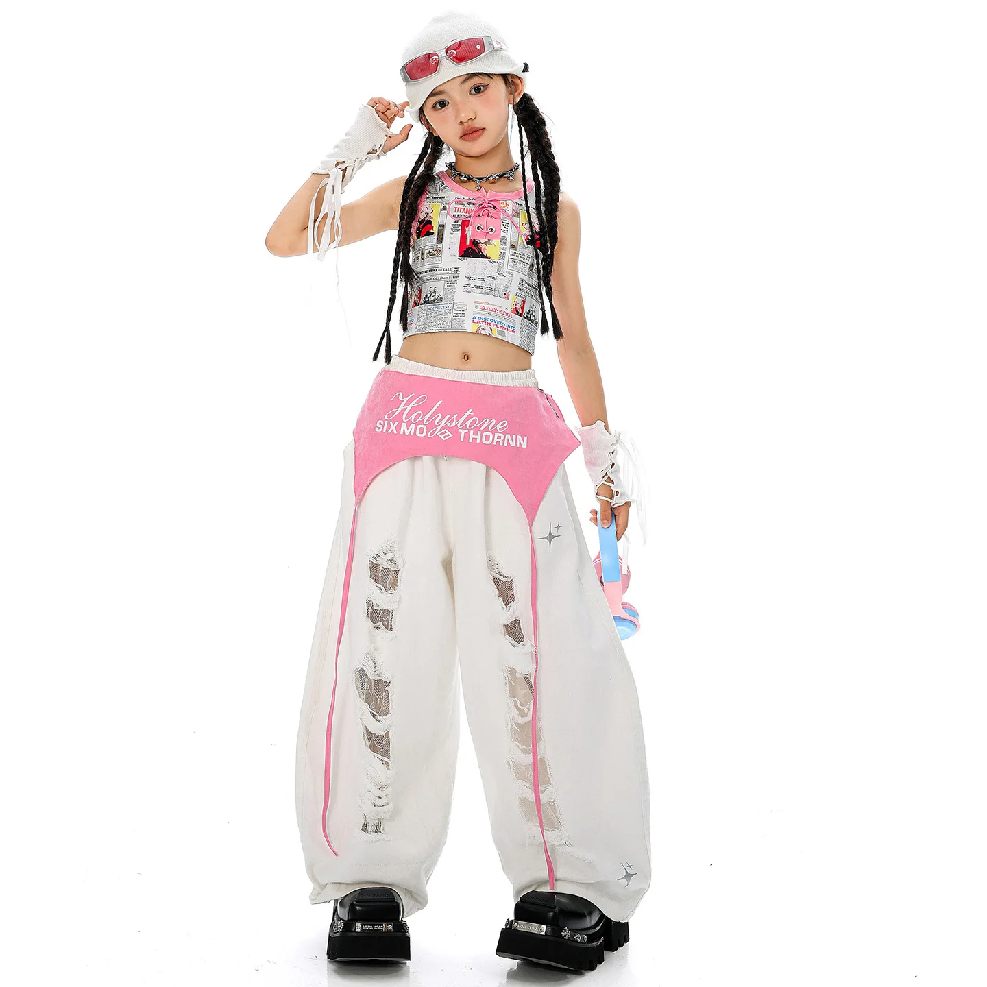 طفل Kpop الهيب هوب الملابس صحيفة طباعة المحاصيل تانك القمم الأبيض عادية واسعة الساق ممزق السراويل لفتاة الجاز أزياء رقص الملابس