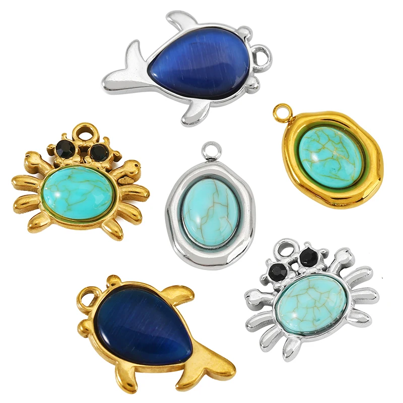 5pcs Stainless Steel Cute Blue Fish Turquoise Crab Charms for DIY Necklace Earring Jewelry Making Bag Chain Pendant Accessories - view 2