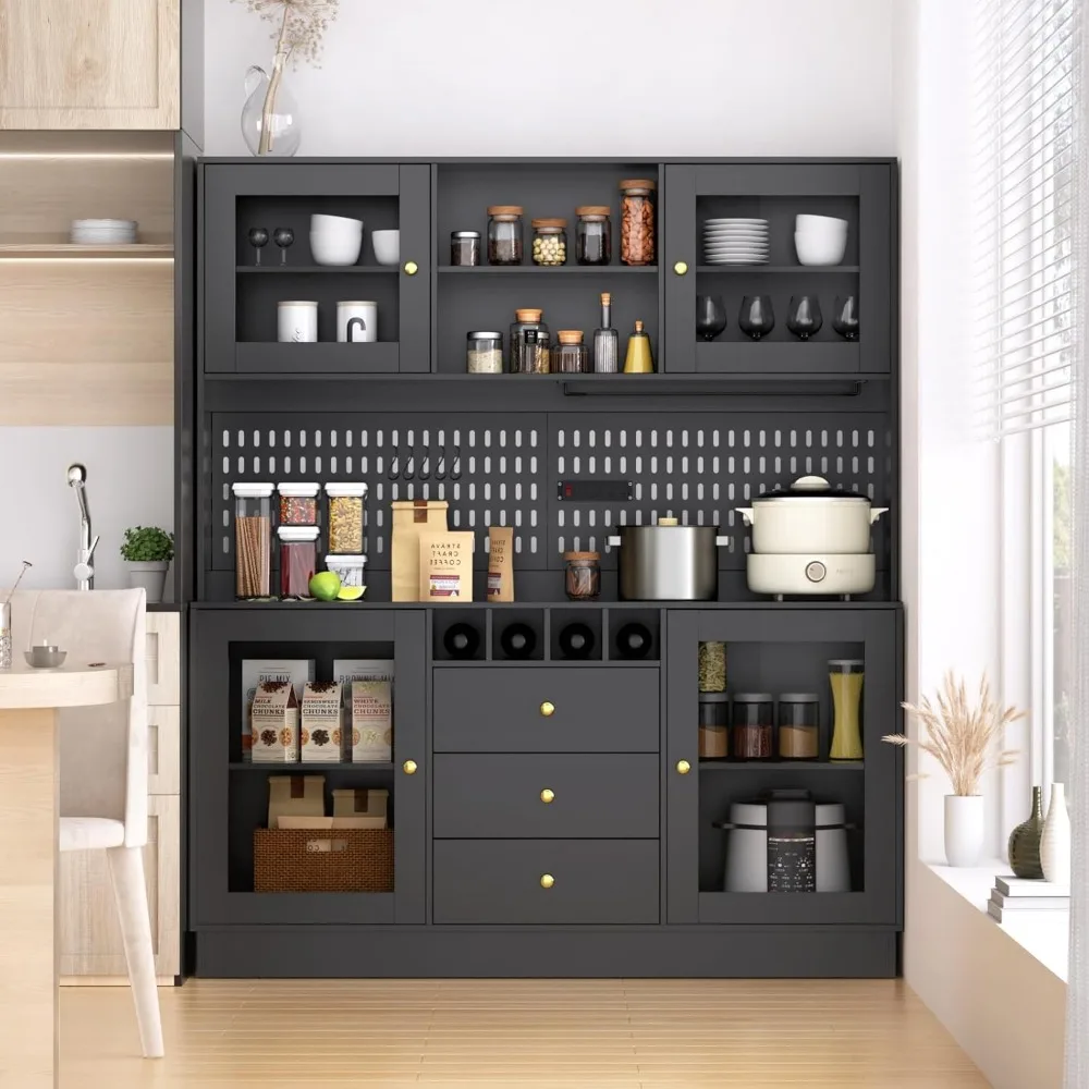 Kitchen Hutch Cabinet, Pantry Cabinet, Freestanding Buffet Hutch with Pegboard, Cup Holder, Power Outlet, 4 Doors & 3 Drawers