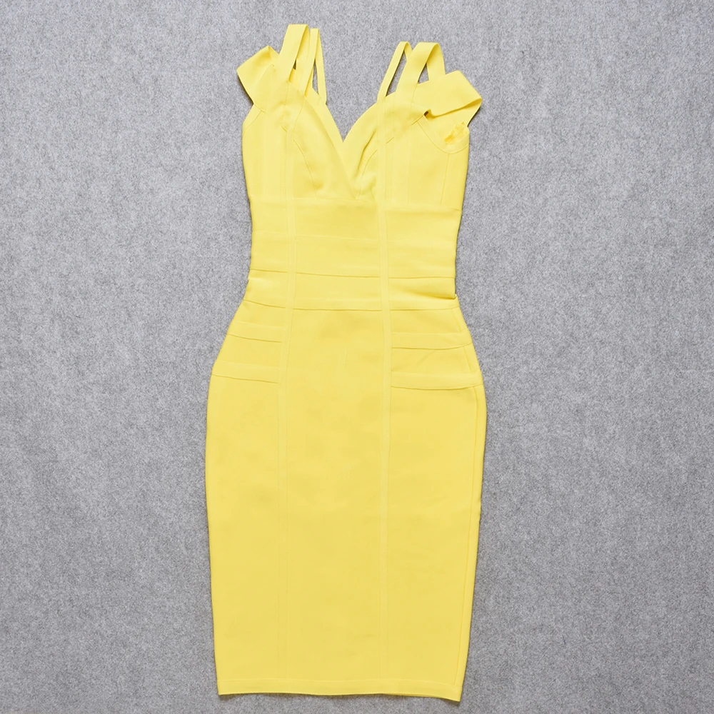 HQBORY 2024 summer women mid-length yellow bandage dress sexy ladies sleeveless strap V-neck bodycon party fashion dress vestido