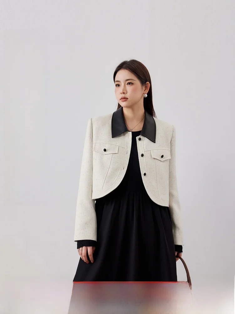 

Blue Language plus Size Women's Short Leather Collar Jacket Small Fragrance Style Autumn New Slimming Versatile Top for Plump MM