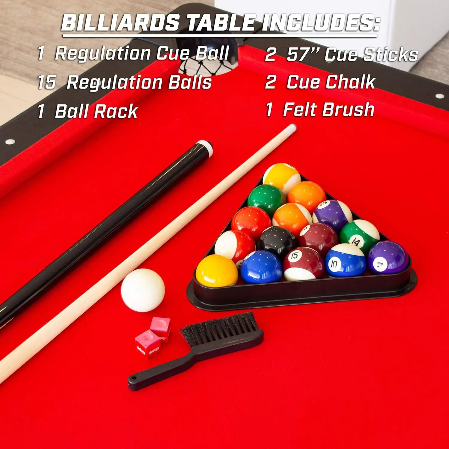 6 ft Billiards Table - Portable Pool Table - includes Full Set of Balls, 2 Cue Sticks, Chalk and Felt Brush